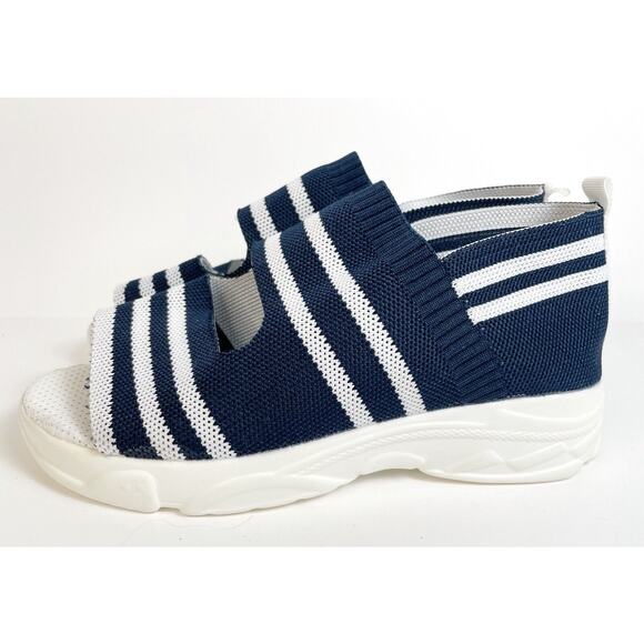 Fish Mouth Knitted Sandals Light Stretch Womens 6.5 Blue White Stripe Slip On - Picture 4 of 8